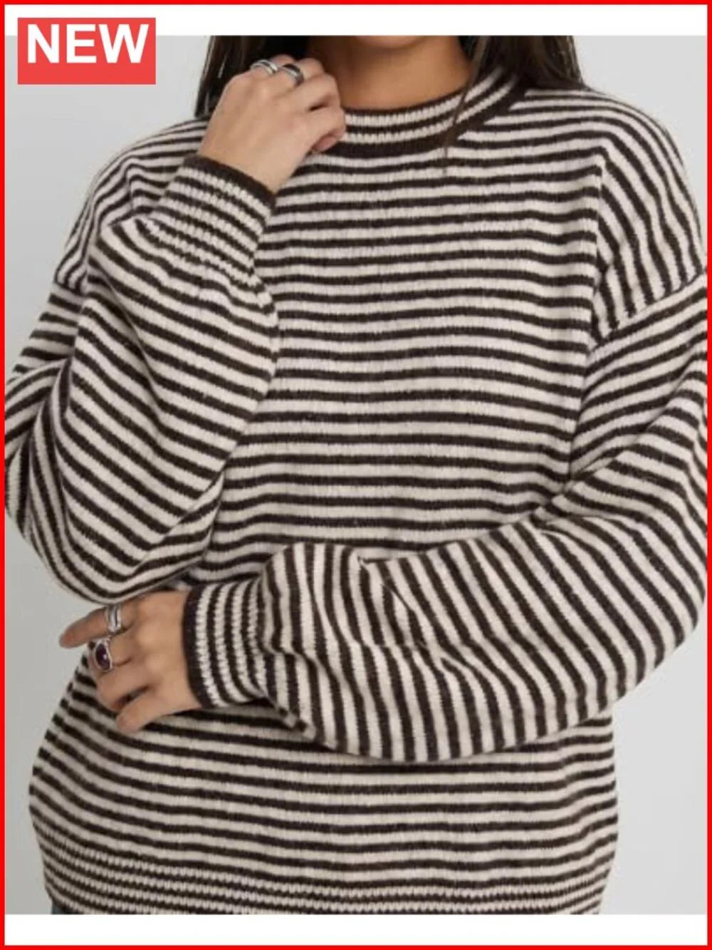 Oversized Striped Crewneck Sweater Balloon Sleeve Pullover